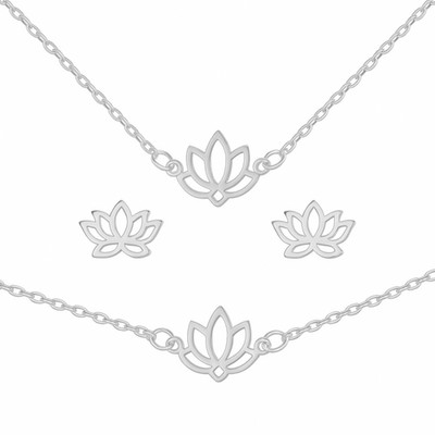 Sterling Silber Lotus Blume Zen Namaste Ohrring Halskette Armband Set