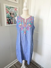 Talbots Blue Linen Blend Floral Embroidered Shift Dress Size 8 Sleeveless