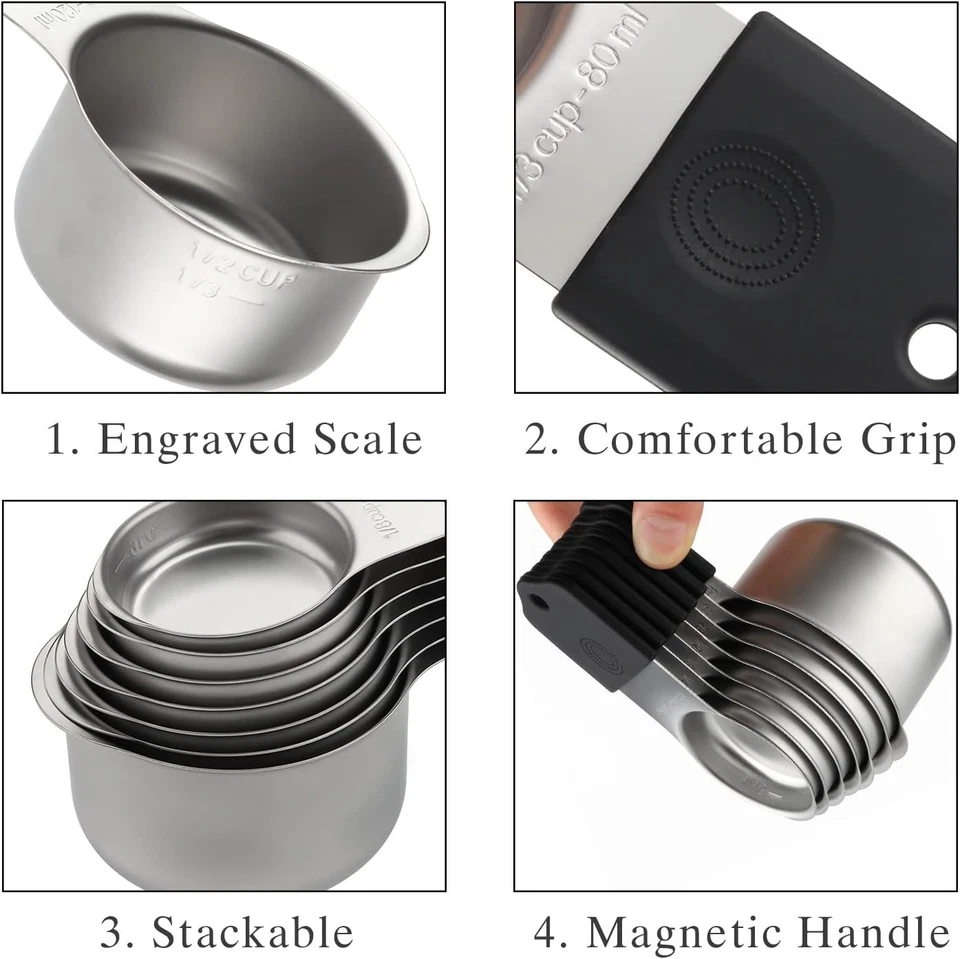 Juego de tazas y cucharas medidoras magnéticas que incluye 7 apilables de acero inoxidable... Foto 4 de 4