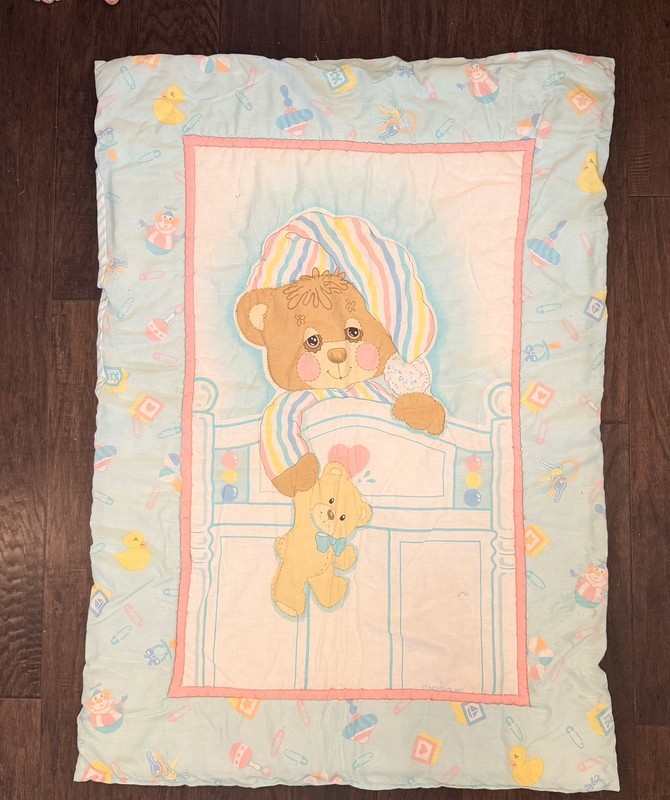 Vintage 1985 Morgan Inc. Teddy Beddy Bear Baby Crib Quilt  & sheet 