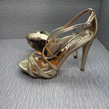 Badgley Mischka Gold Strappy Heels 6.5M Platform Ankle Strap Evening Shoes