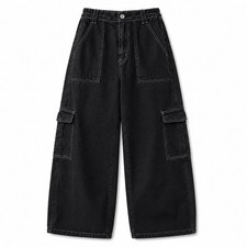 Simple Society Womens 15/32 Black Baggy Cargo Jeans Wide Leg Y2K Goth Skater