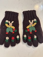 1940-50  s Vintage Kids Mittens Wool Felt Bunny Brown Spring Flowers