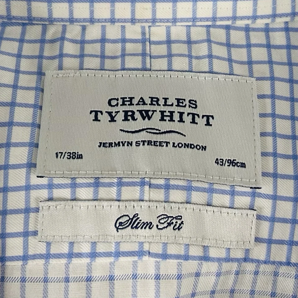 Charles Tyrwhitt 17 38 Slim Fit Dress Shirt Blue White Plaid 100% Cotton Formal - Image 3 of 4