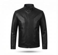 Men's Black Genuine Leather Moto Biker Jacket Slim Fit Stand Collar Zip Coat