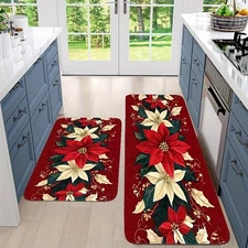 Red poinsettia holiday kitchen mat set