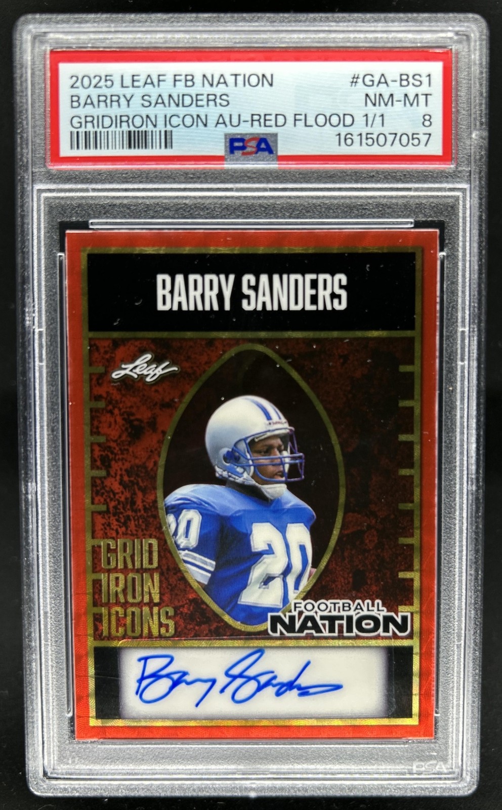2025 Leaf Football Nation Barry Sanders Gridiron Icons Auto Red Flood #1/1 PSA 8
