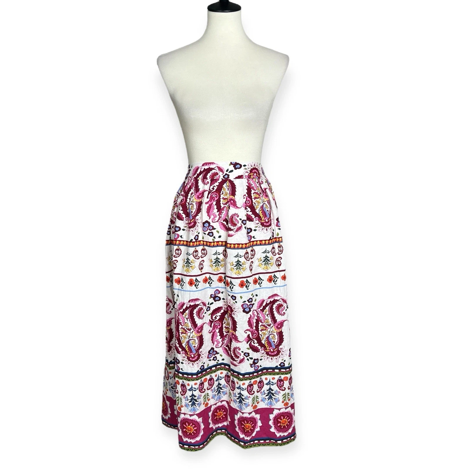 Caroline Constas Floral Paisley Linen Blend Midi Skirt Vacation Resortwear Sz M