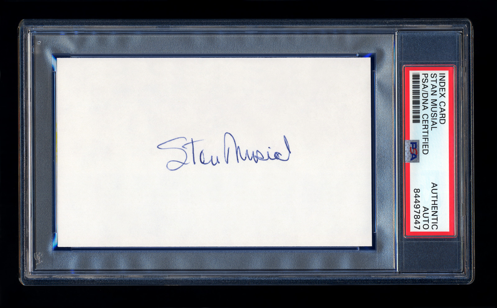 STAN MUSIAL SIGNED MINT INDEX CARD PSA/DNA HOF AUTOGRAPHED CARDINALS WSC MVP