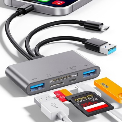 5in1 SD Card Reader,High-Speed USB 3.0 Adapter for Phone/Pad USB C/A Devices, No