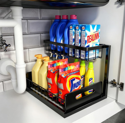 Organizador bajo fregadero 2 niveles extraíble metálico diseño en L, Nuevo