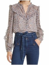 Veronica Beard Chiffon Abra Floral Print Ruffle Blouse long sleeve No Cami 00