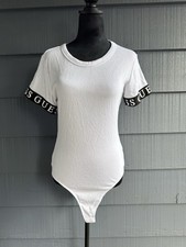 GUESS Women’s Short Sleeve White Body Suit With Stretchy Band On Arms Size XL!