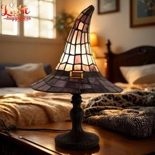 Stained Glass Witch Hat Lamp Gothic Decor, Vintage Witchy Halloween Night Lights