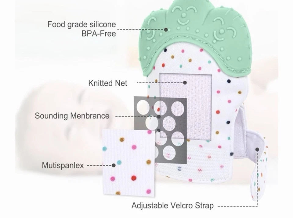 Зеленая детская перчатка на запястье погремушка прорезывание зубов сенсорная игрушка регулируемый ремень без бисфенола А - Изображение 4 из 4