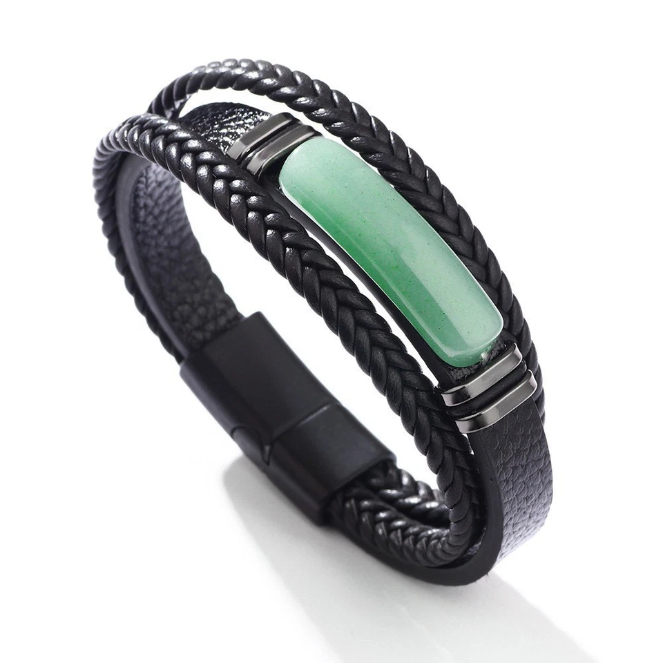 Green Aventurine Stainless Steel Men Bracelet Braided Leather Magnetic Bangle - Image 3 of 4