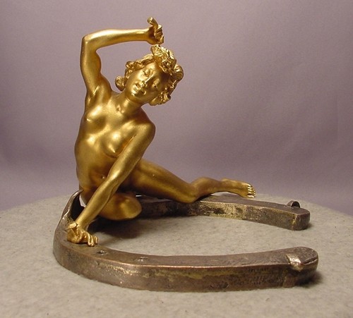 Antique Nude Lady Gilt Bronze On Horseshoe Signed Recipon Dated 1896