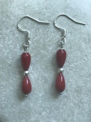 Echte rote Korallen Träne Ohrringe 925 Sterlingsilber - Geschenktüte - kostenlose P&P
