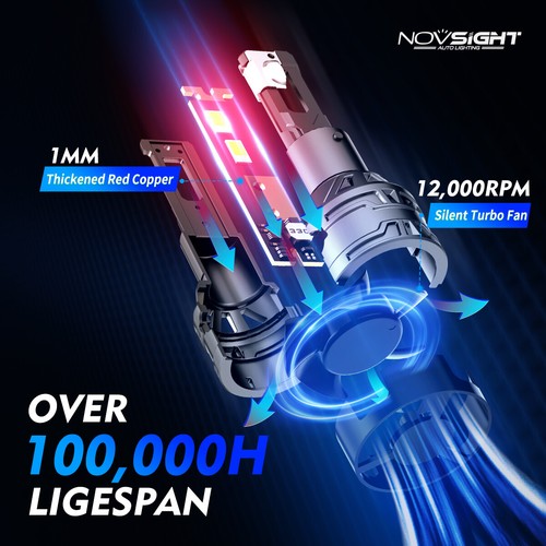 NOVSIGHT H4 LED Headlight Bulbs Kit Lamp Car 6500K Globes High Low Beam 13000LM - Picture 6 of 12
