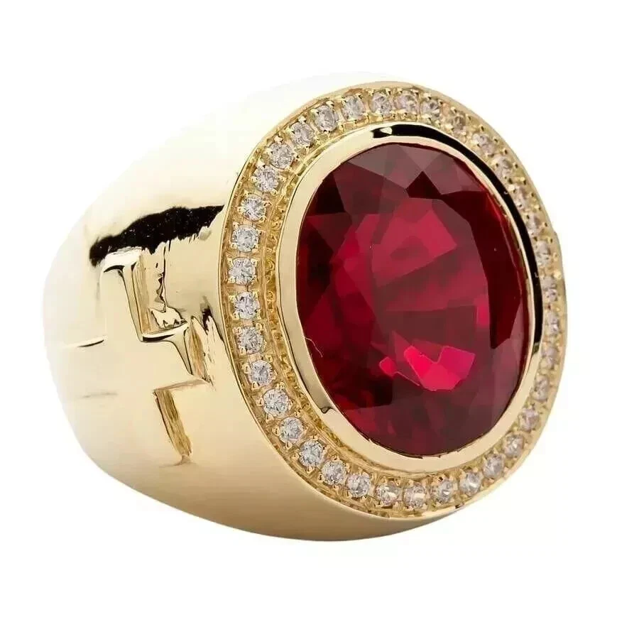 3Ct Oval Cut Lab Created Red Ruby Men's Cross Bishop Ring 14K Yellow Gold Plated - Image 4 of 4