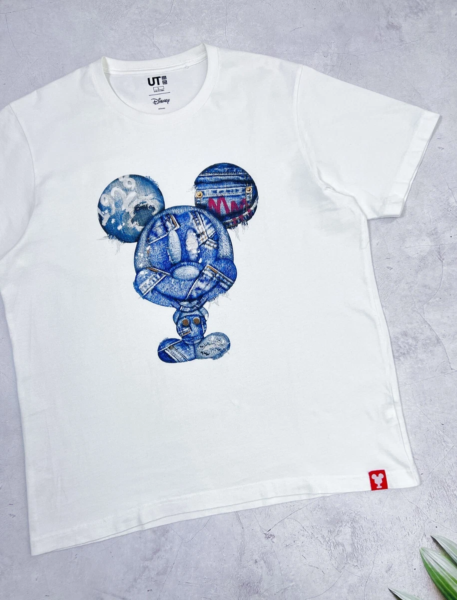 Uniqlo UT x Disney T-Shirt Mickey Mouse Jeans Logo White Cotton