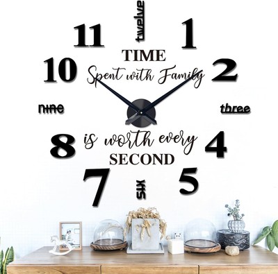 VREAONE Frameless DIY Wall Clock,Large Modern 3D Mirror Sticker kit for Black 