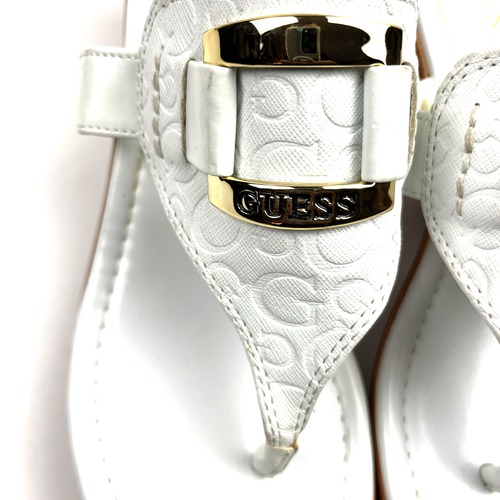 Guess Wedge Flip Flops/ Sandals White w/Gold Logo Size 8.5 US Brown Wedge - Picture 3 of 9
