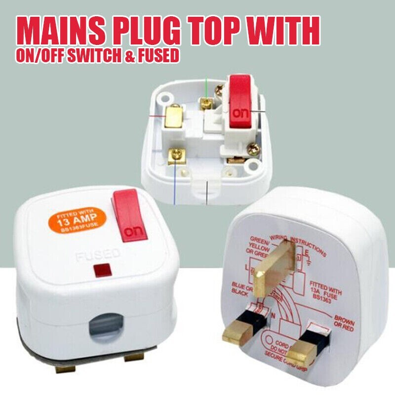 MAINS 13A SWITCH PLUG ON OFF 3 PIN FUSE UK PLUG TOP WITH NEON LIGHT ...