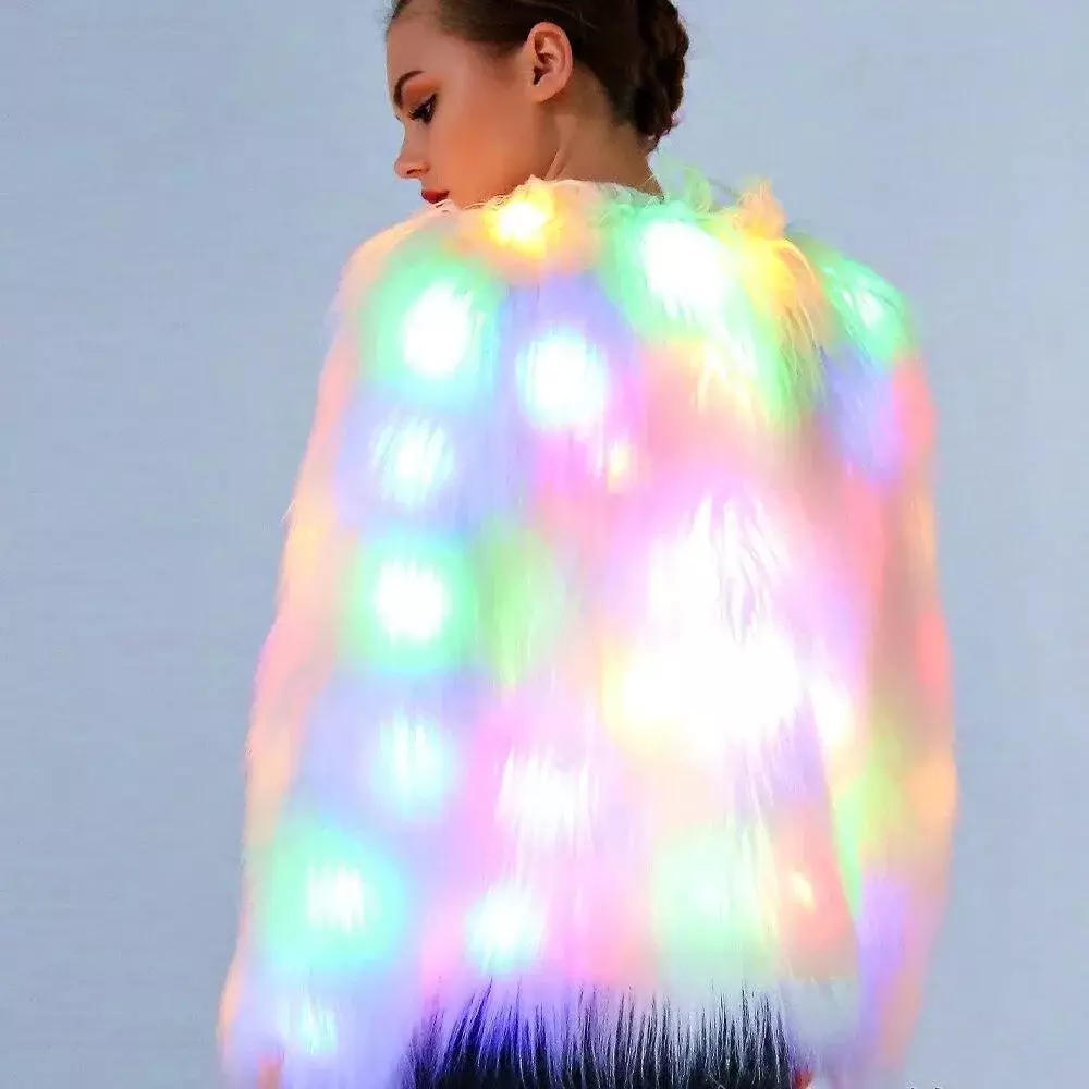 Faux Fur LED Light Up Party Coat Womens Fluffy Jacket Festival
