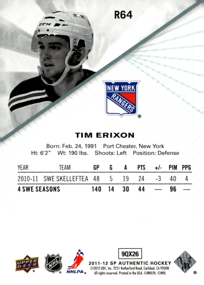 Tim Erixon - Signed 2011-12 Upper Deck SP Authentic Card #R64 - Image 2 of 2
