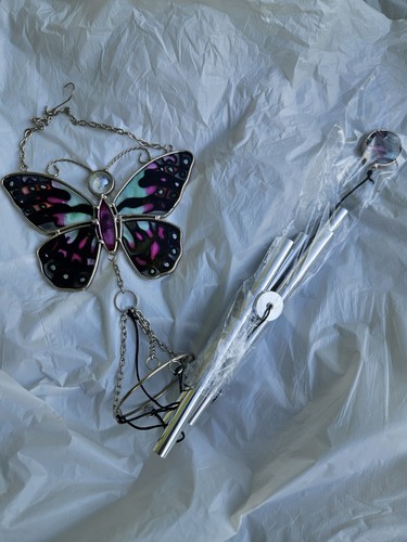 Butterfly Metal & Glass Hanging Sun Catcher / Wind Chime Home Garden Decorations - Picture 3 of 4