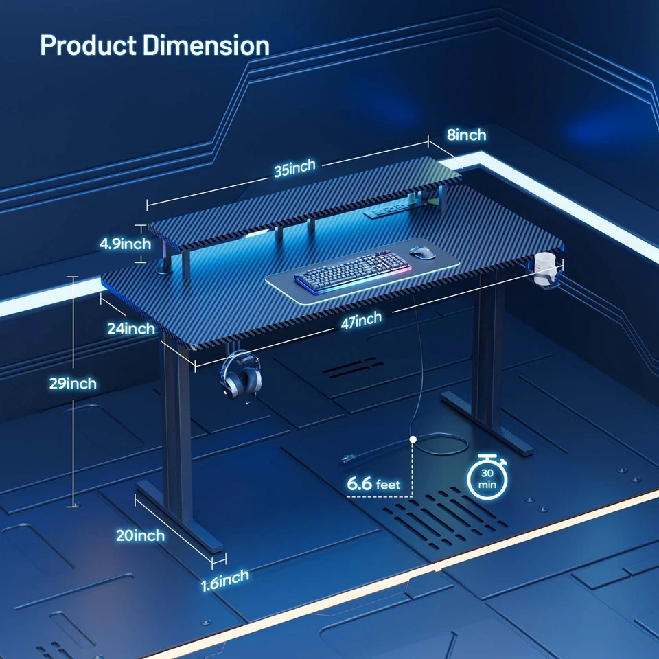 Gaming Desk with LED Lights & Power Outlets, Gamer Desk with Monitor Stand - Image 3 of 4