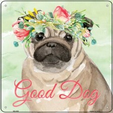 Pug Metal Flower Sign - 12" x 12" Fawn