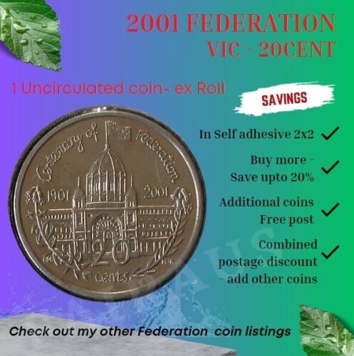 1 x 2001 Vic Aust Federation Victoria 20c Uncirculated or better 20 cent ex Roll - Foto 1 di 1