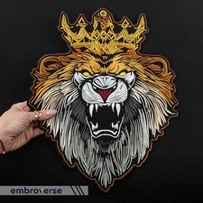 Royal Lion Large Embroidered Back Patch, Golden King Crown, Angry Wild Animal