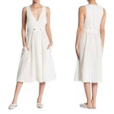 Free People Diana Cotton Wrap White Black Pinstripe Pocket Shift Midi Dress Sz S