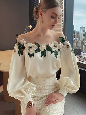 Women Patchwork Satin Mesh Embroidered Flower Party Cocktail Tops Shirt Blouse