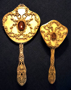 Vintage Vanity Handheld Mirror and Brush with Amber Stones Floral Filigree