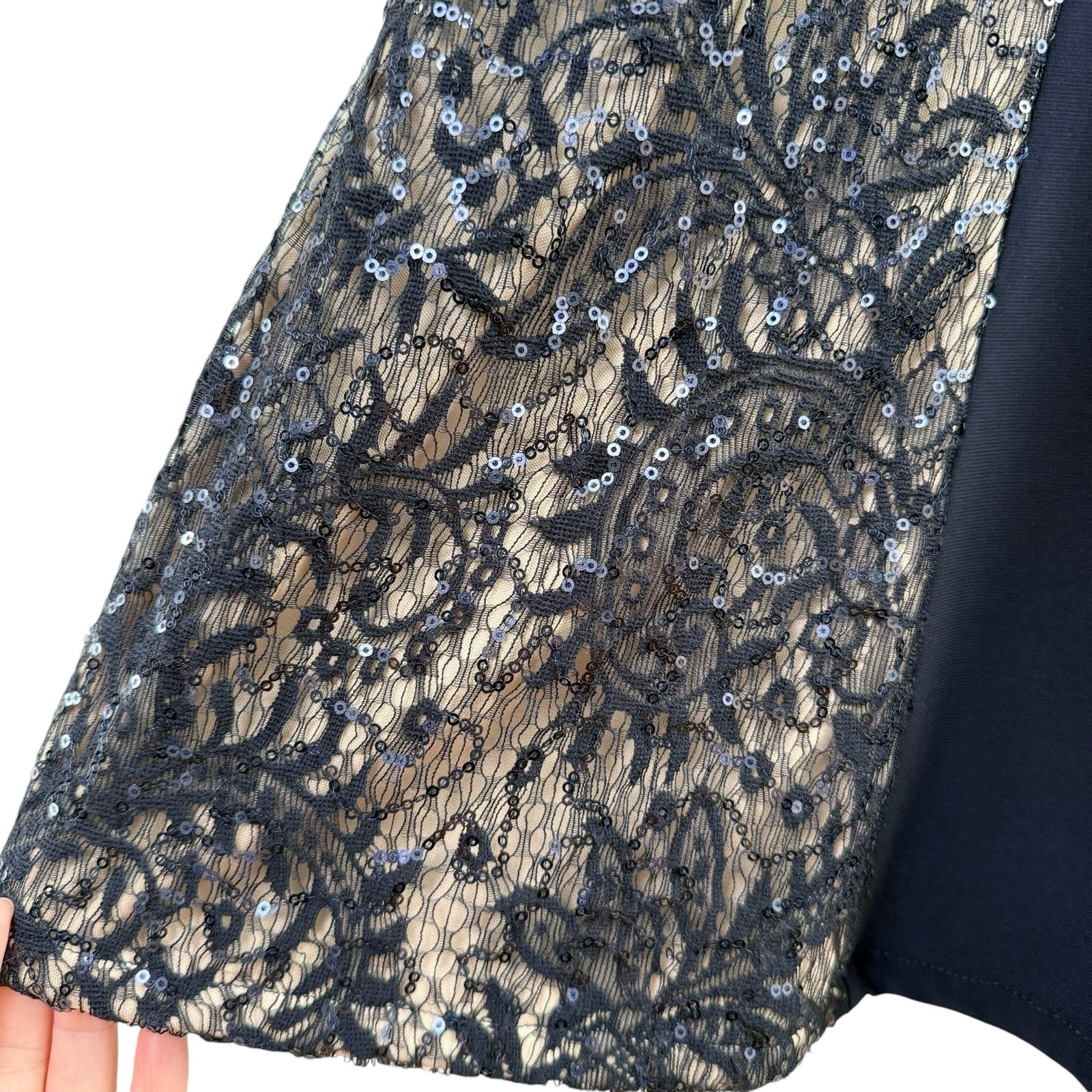 R&M Richards 4P Navy Sequin and Lace Sleeveless Formal Evening Gown Maxi Dress