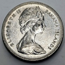 Bahamas 1966 25 CENTS Elizabeth II Coin UNC with Toned-Lustre & Ocean Sailboat