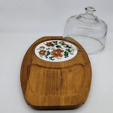 DOLPHIN Teak Wood Cheese Board Serving Tray & Dome POPPY Flower Malaysia