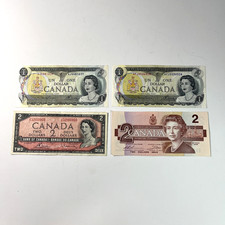 1986 & 1954 Bank of Canada Two Dollars Bill $2 / 1972 One Dollars $1 (lot of 4)
