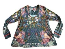 Johnny Was Aran Flower Favorite Long Sleeve V-Neck Swing Tee Top Bamboo Size M