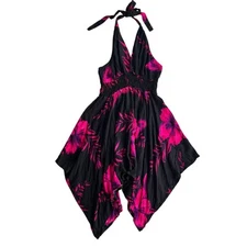Tropical Women’s OS Pink, Purple Black Hibiscus Floral Halter Handkerchief Dress