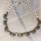 Vintage 1950s Prong Milk Glass & Lacy Blue Rhinestone Necklace Choker Gold Tone