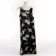 Halekulani Dress Womens S Black Floral Maxi Sundress Zip Ruffle Rayon Made USA