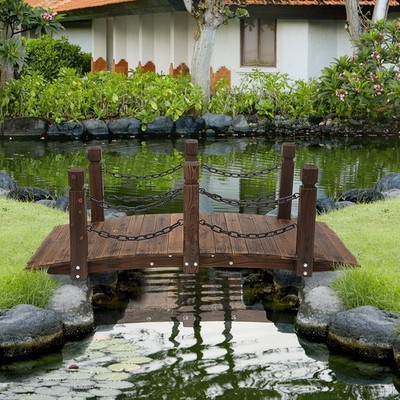 Wooden Garden Bridge Arc Stained Finish Walkway with Metal Chain Railings