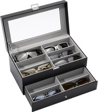 Organizador gafas de sol 12 ranuras 2 capas cuero para exhibir y almacenar negro
