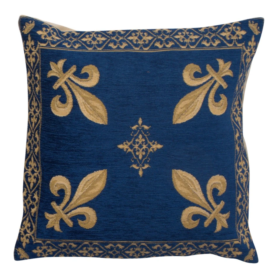 Fleur De Lys Blue Medieval Belgian Tapestry Cushion Throw Pillow Covers 18"x18" - Image 2 of 4