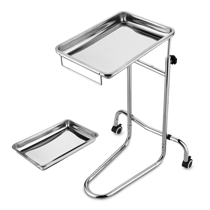 AplusChoice Mayo Stand Stainless Steel 2Pcs Trays with Wheels Adjustable Medical